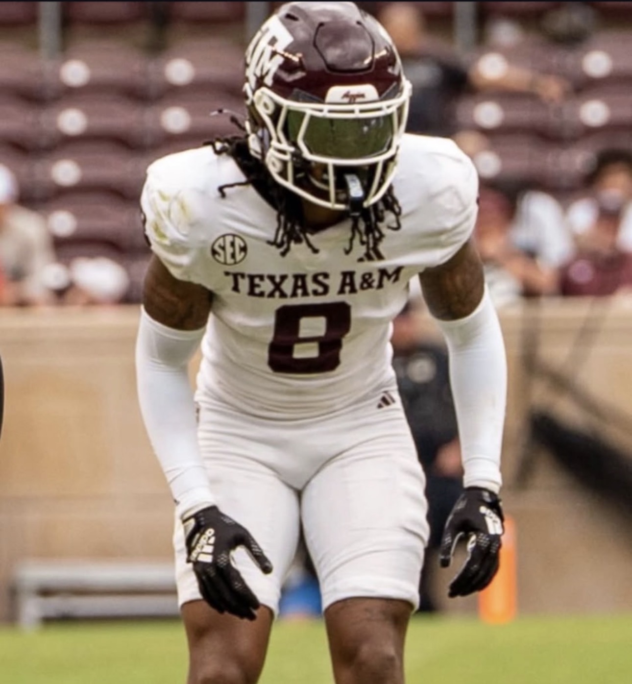 Texas A&M defensive back number 8 set in his stance